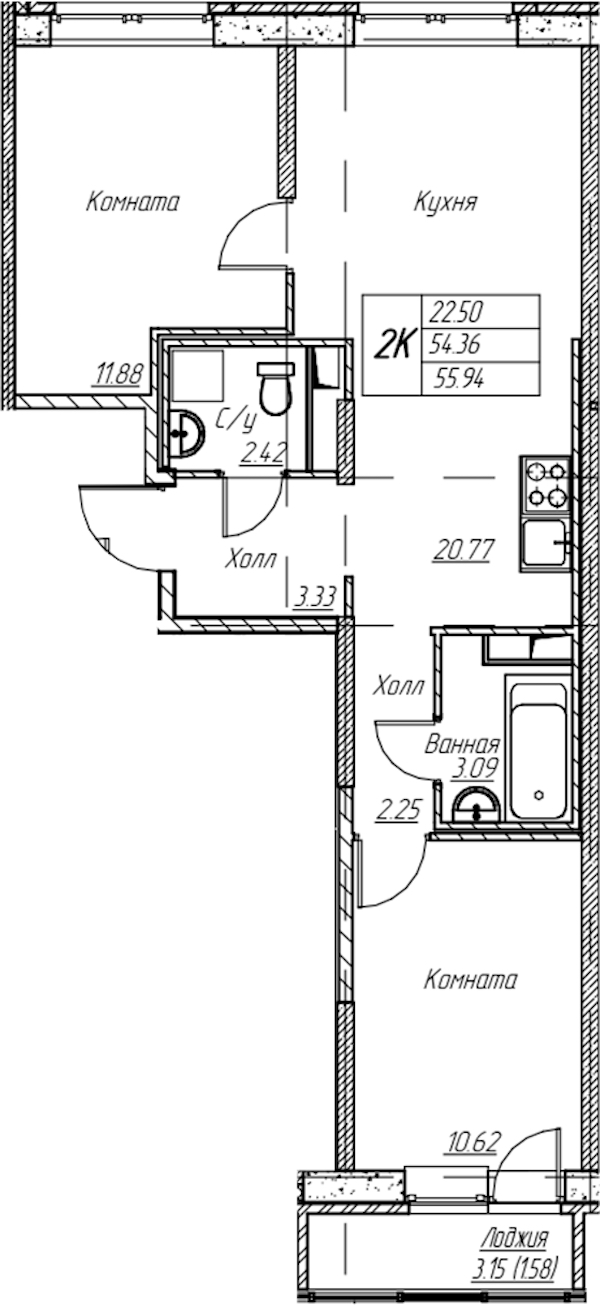 2-комнатная квартира 55.94 м², 2/22 эт., ЖК «Парк-квартал Юнтолово»